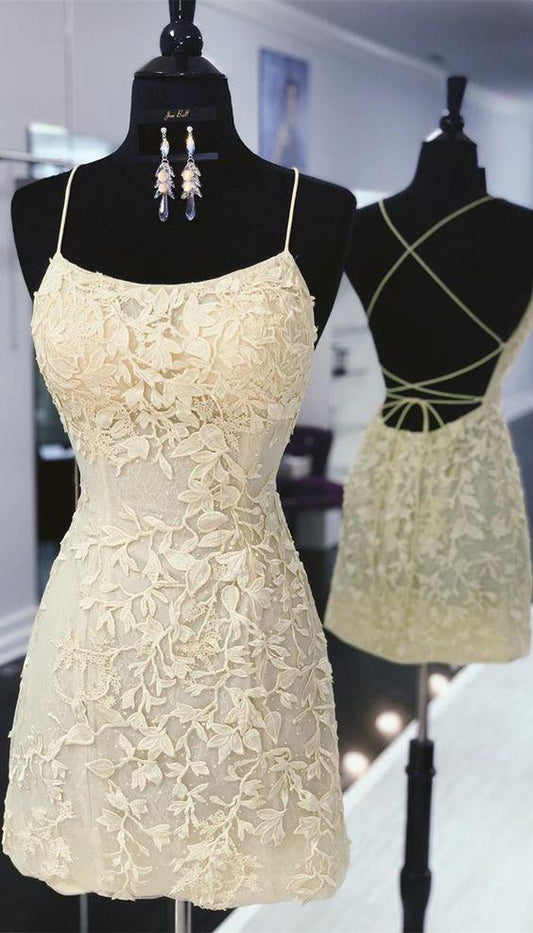 tight yellow lace homecoming dresses, short yellow homecoming dress with lace up back CD2949
