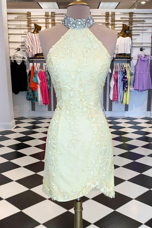 tight homecoming dresses, high neck yellow lace homecoming dresses CD2961