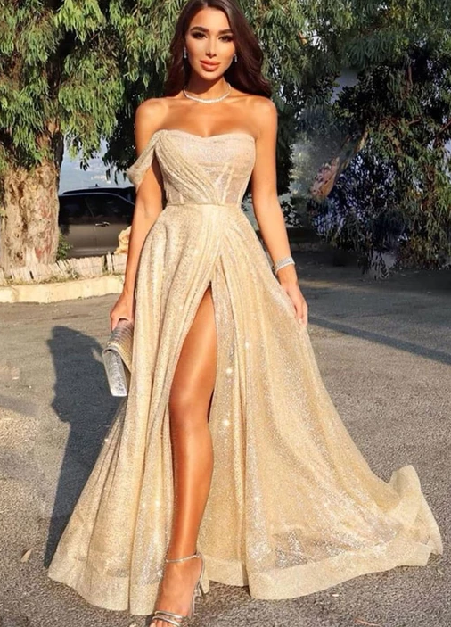 Unique champagne sequins long prom dress, evening dress CD2986