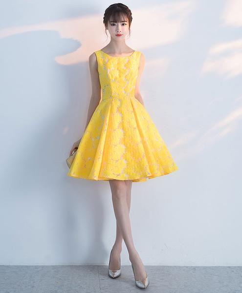 Cute yellow lace short dress, yellow homecoming dress CD2987