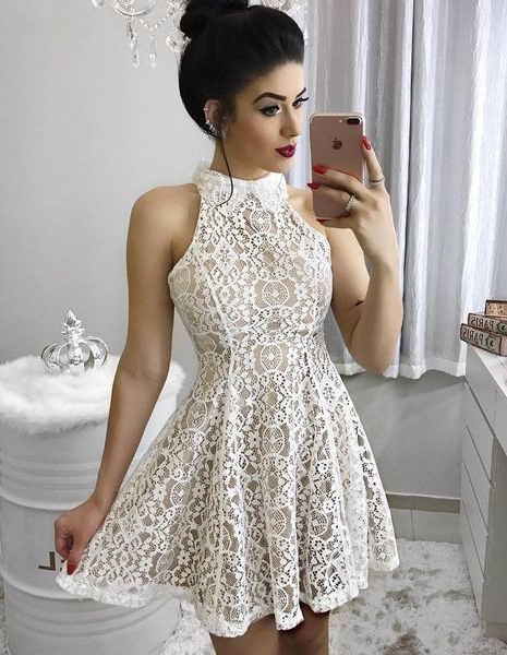 Fashion A-Line High Neck Short/Mini Lace Homecoming/Party Dress, lace homecoming dress CD298