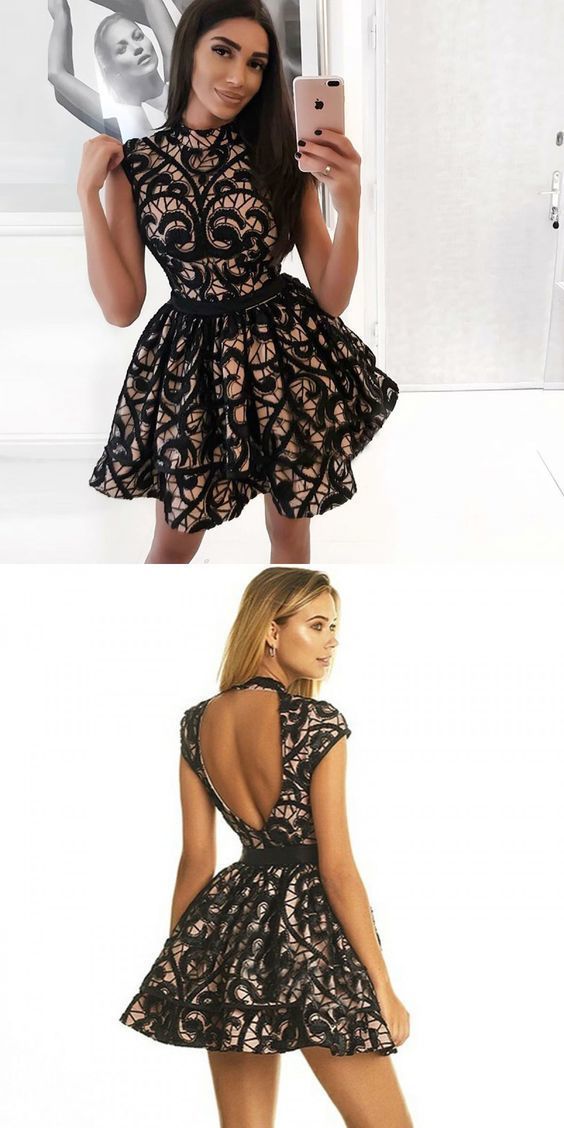 A-Line Jewel Sleeveless Short Black Lace Homecoming Dress CD301