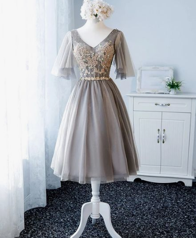 Stylish v neck tulle lace short dress, homecoming dress CD3012