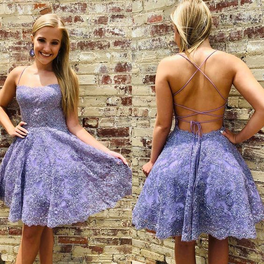 Cute Homecoming Dress, Straps Homecoming Dress, Purple Homecoming Dress, Lace Homecoming Dress, Short Homecoming Dress CD3014