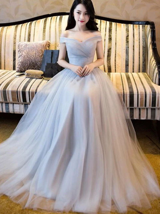 Beautiful Grey Off Shoulder Long Bridesmaid Dress, Simple Prom Dress CD3027