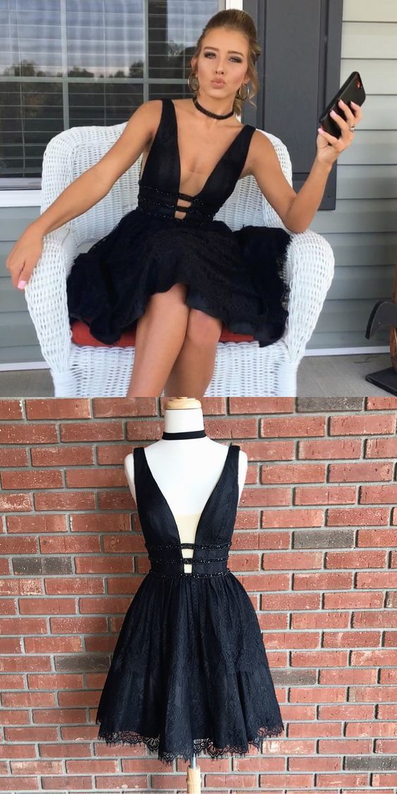 Little Black Lace Homecoming Dress, Short White Homecoming Dress CD304