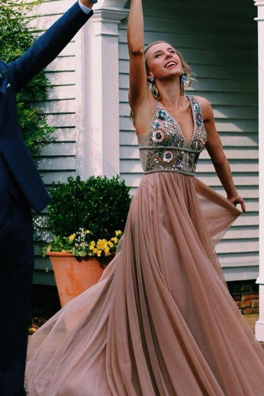 Champagne Long Prom Dresses with Beaded V Neck Top, Graduation Dresses CD3049