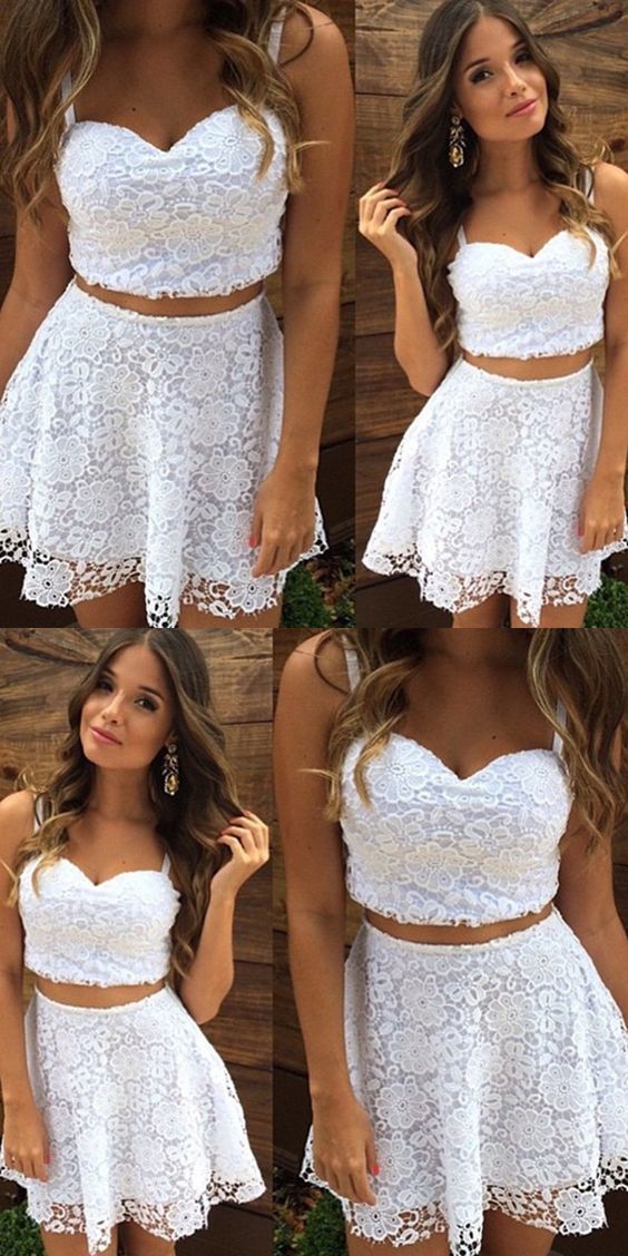 Two Piece Straps Short White Lace Homecoming Cocktail Dress, cheap homecoming dress CD319
