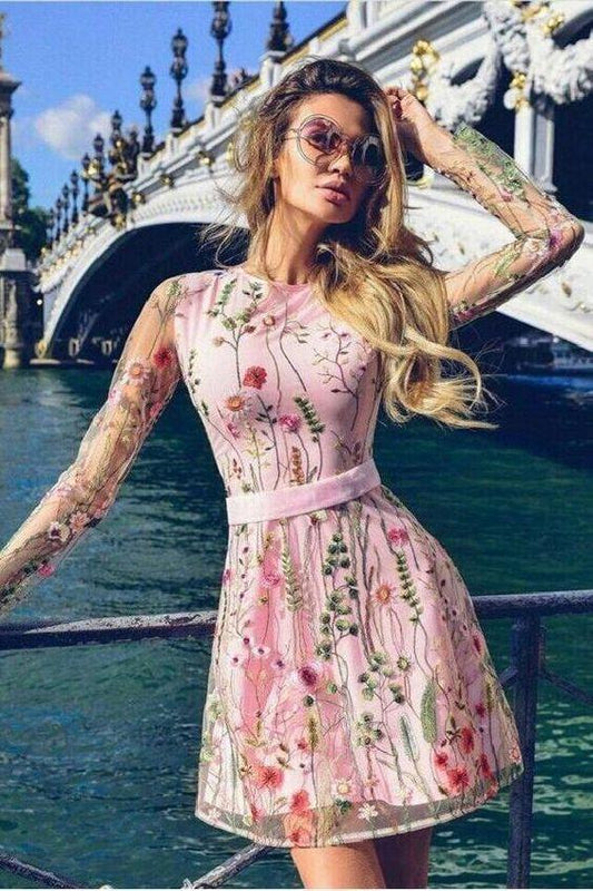 Fancy Lace Wedding Dresses New Arrival Embroidery Lace Long Sleeves Homecoming Dresses Pink CD3193