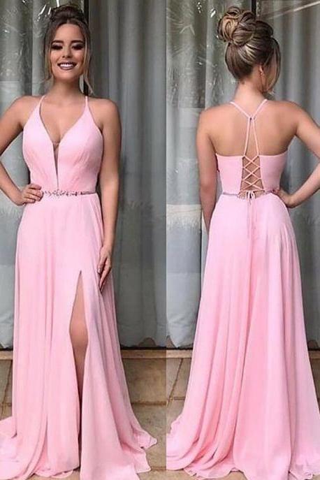 Pink Chiffon Prom Dresses with Split CD3228
