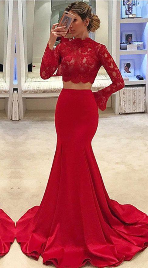 High Neck Long Sleeve Two Piece Prom Dresses CD3252