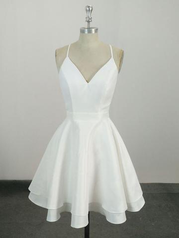 White v neck satin lace short homecoming dress, white homecoming dress CD332