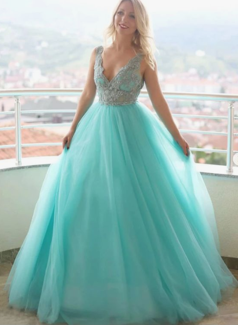 Stylish v neck tulle lace long prom dress, evening dress CD3331