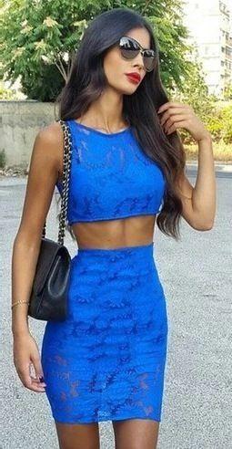 Two Piece Royal Blue Homecoming Dress With Lace CD3400