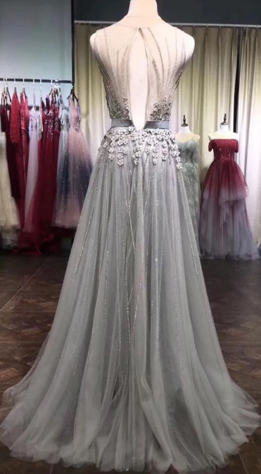 GRAY TULLE LACE BEADS LONG PROM DRESS, GRAY TULLE EVENING DRESS CD3440