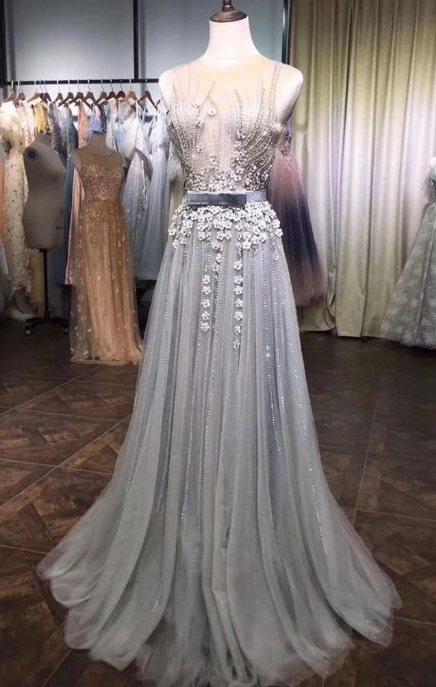 GRAY TULLE LACE BEADS LONG PROM DRESS, GRAY TULLE EVENING DRESS CD3440