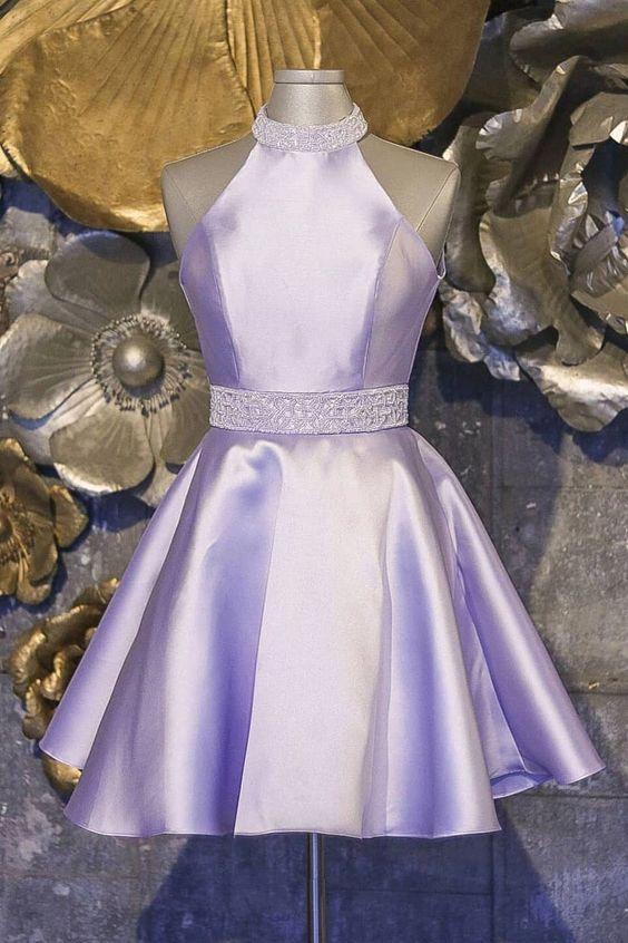 Halter Short Lavender Homecoming Dress with Beading CD3450