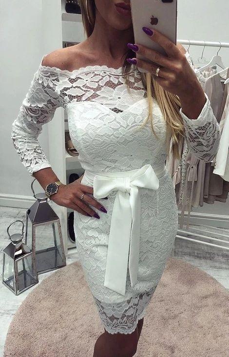 Sheath Off-the-Shoulder Long Sleeves Above-Knee White Lace Homecoming dress CD3499
