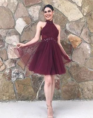 Stylish A Line High Neck Burgundy Short Homecoming Dresses with Beading CD3500