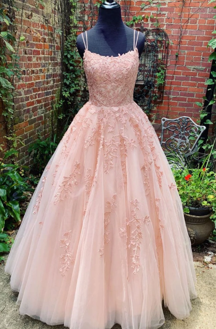 PINK TULLE LACE LONG PROM DRESS, PINK TULLE LACE EVENING DRESS CD3510