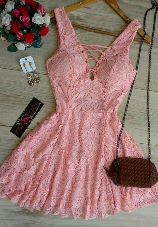 homecoming dresses, Lace Homecoming Dresses, Sexy pink dress CD3521