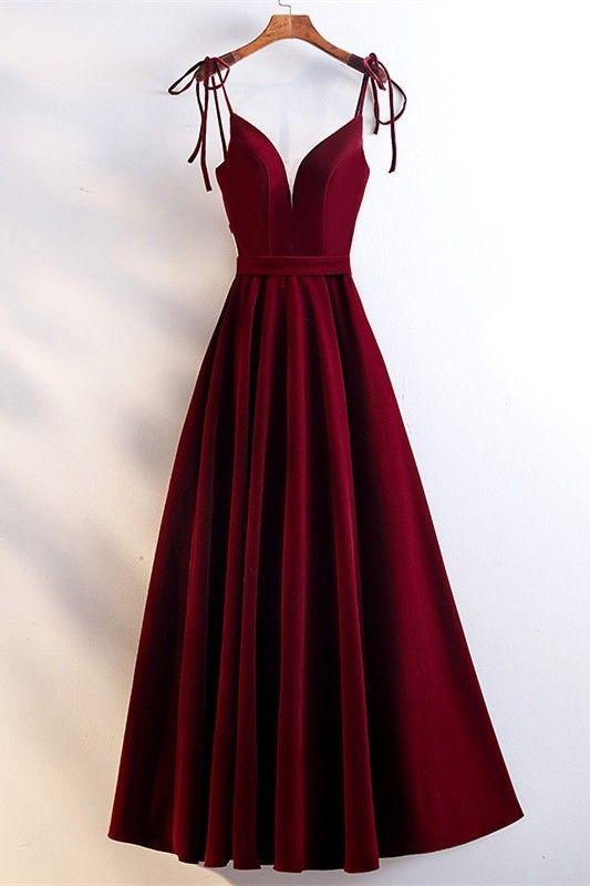 Gorgeous Sweetheart Spaghetti Straps Corset Red Velvet Long A Line Prom Evening Dress CD3590