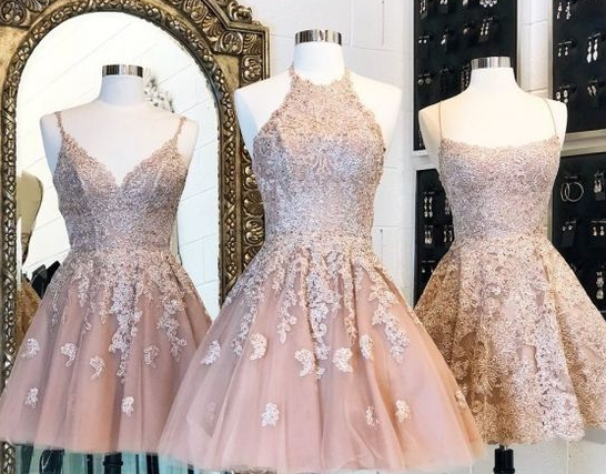 Spaghetti Straps Short Champagne Homecoming Dress with Appliques CD3625