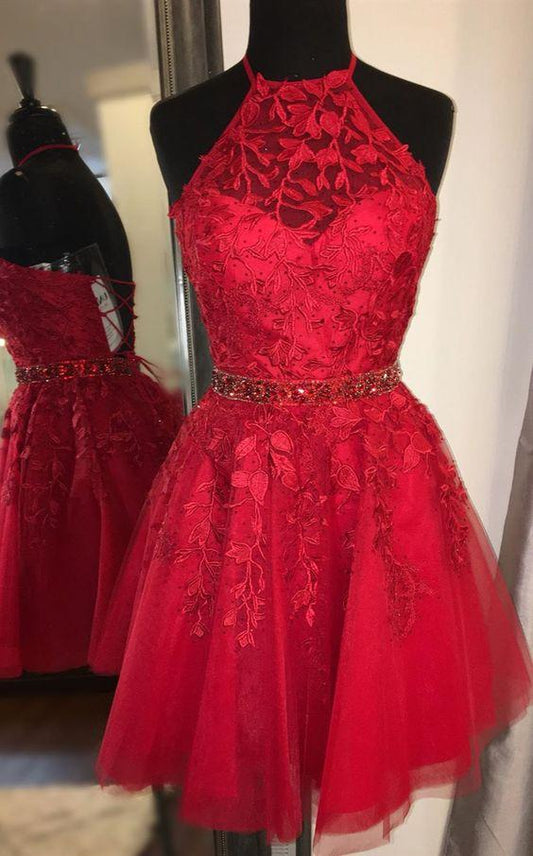 cheap red short homecoming dresses, formal lace homecoming dresses, simple short dresses with beading CD3711