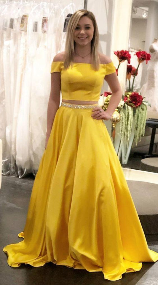 Elegant Off the Shoulder Two Piece Prom Dress with Beading Belt CD3742