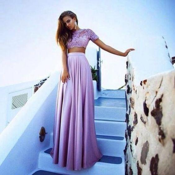 Appliques Stretch Satin Two Pieces Lilac Prom Dresses CD3748