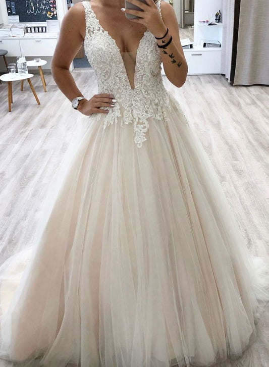 Champagne tulle lace long prom dress, evening dress CD3797
