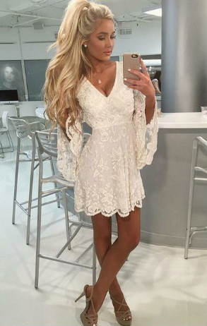 Sheath Off-the-Shoulder Bell Sleeves Short White Lace Homecoming Cocktail Dress, cute homecoming dress CD383