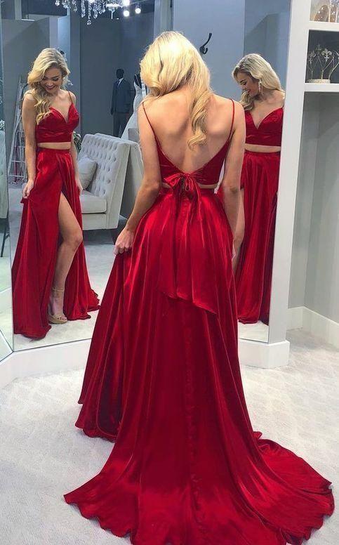 Sexy V Neck Backless Spaghetti Straps Two Piece prom dress Two Piece, Red Front-split Long Evening Dress CD3841