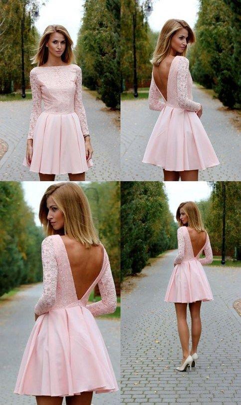 Pink lace Homecoming Dress, Sexy Mini Long Sleeves Party Dress, Deep V back backless Club Dresses CD386
