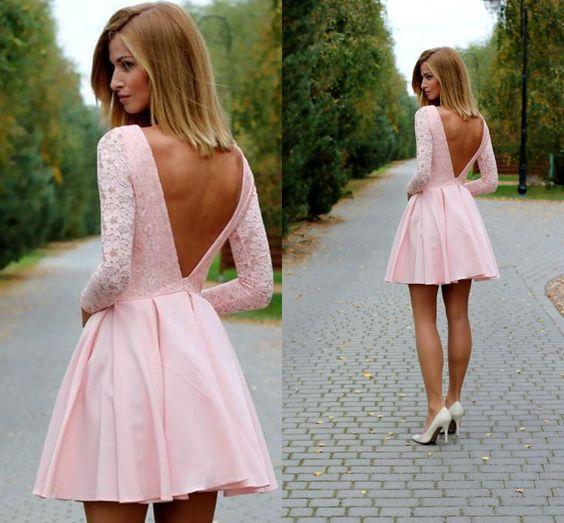 Pink lace Homecoming Dress, Sexy Mini Long Sleeves Party Dress, Deep V back backless Club Dresses CD386