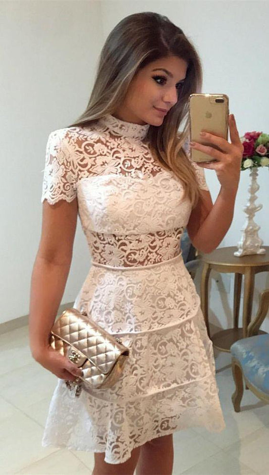 A-Line High Neck Short Sleeves Above-Knee White Lace Homecoming Dress CD389