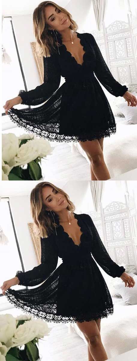 romantic homecoming dresses, deep neck long sleeves homecoming dresses, short black lace homecoming dresses CD390