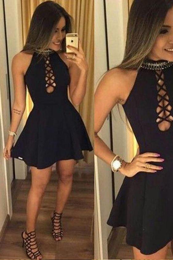 Black Halter A-line Homecoming Dress, Short homecoming Dress, Simple Party Dress CD391