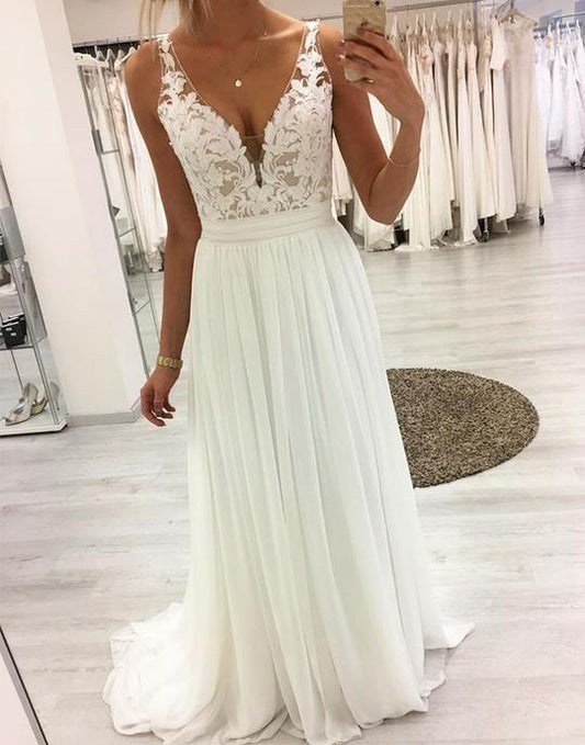 White V neck Chiffon Long Prom Dress, Lace Evening Dress CD3933