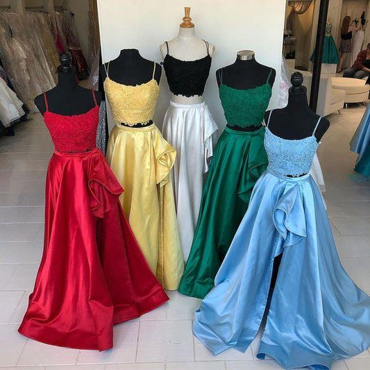 Two Piece Prom Dress, Red Long Prom Dress, Red Prom Dress with Pockets CD3986