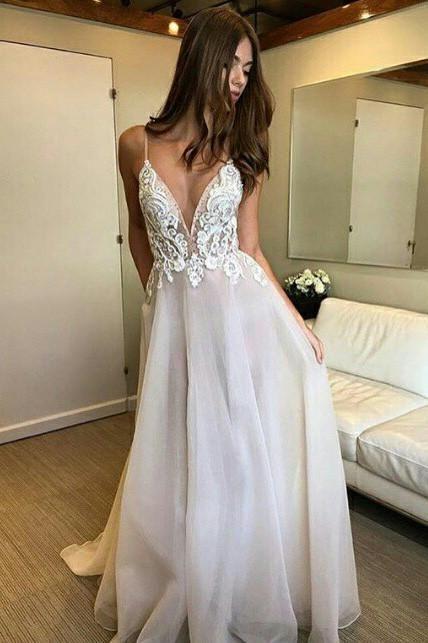 Deep V-neck Spaghetti Straps Lace Appliqued Beach Wedding Dress, Sexy Prom Dresses CD399