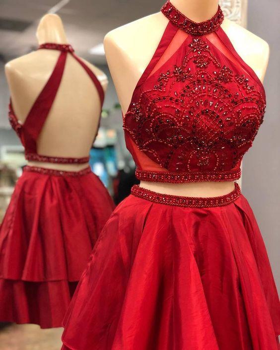Two Piece Short Red Homecoming Dress with Backless CD4037