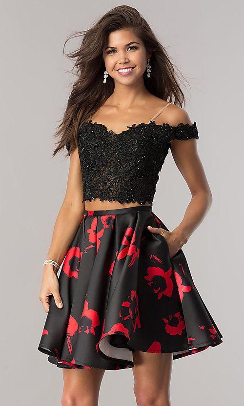 black and red two-piece print short homecoming dress CD4039