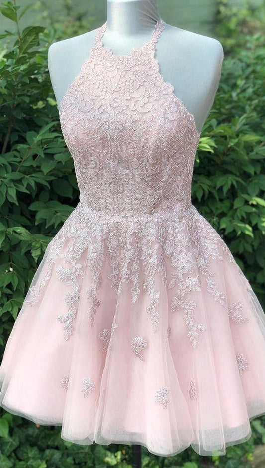 Formal short homecoming dresses for teens, pink lace homecoming dresses, halter senior dresses CD4092