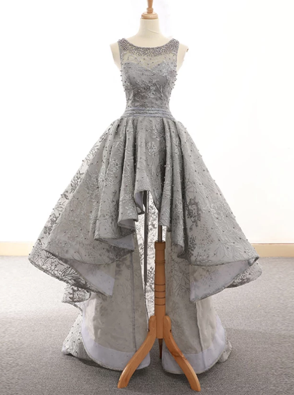 GRAY TULLE LACE HIGH LOW PROM DRESS CD4101