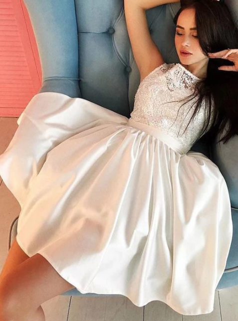 White lace satin short dress, homecoming dress CD4103