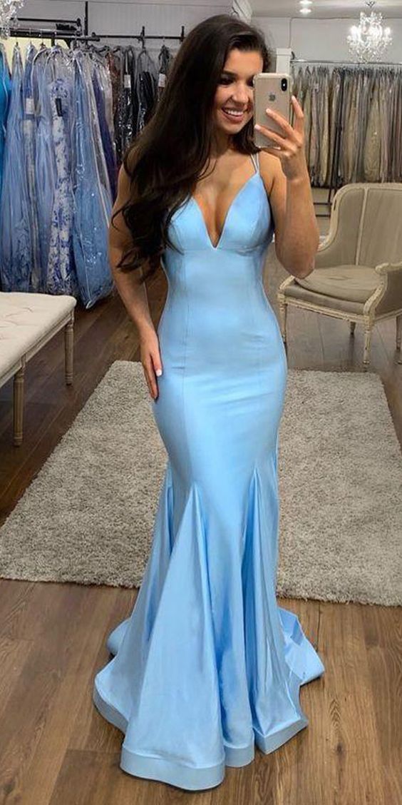 Light Blue Satin Sexy V-Neck with Thin Straps Long Mermaid Prom Dress CD4111