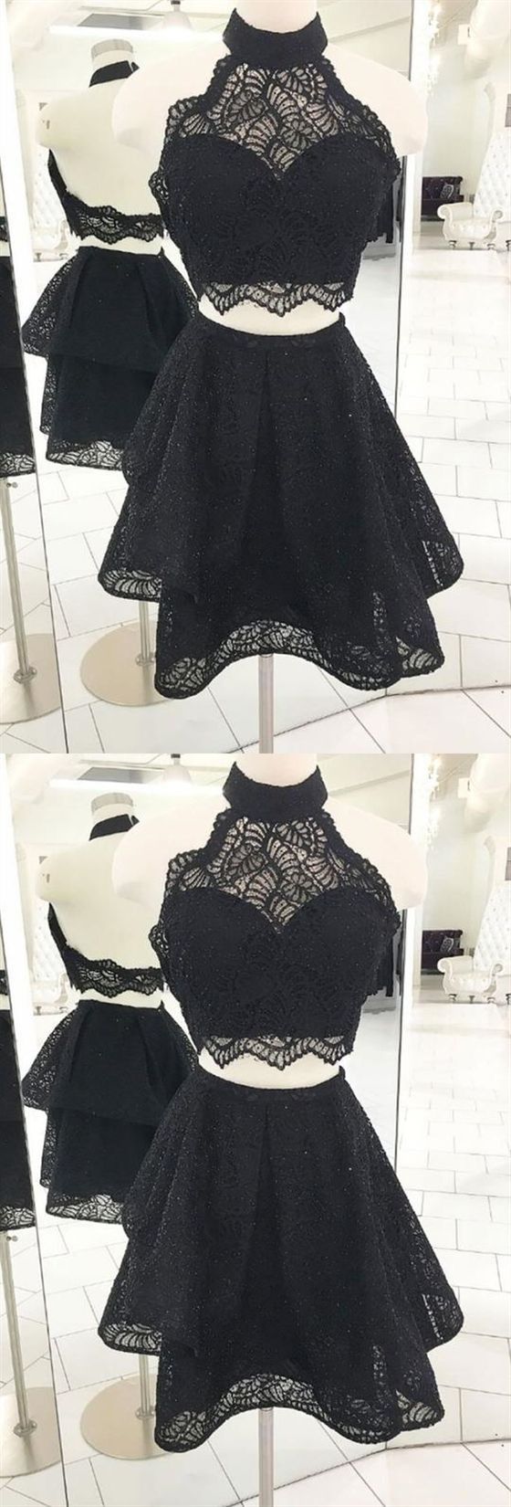 Black Halter Lace Homecoming Dresses, Two Pieces Short Cocktail Dresses CD417