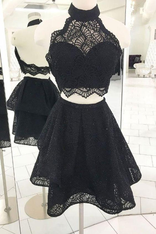 Black Halter Lace Homecoming Dresses, Two Pieces Short Cocktail Dresses CD417
