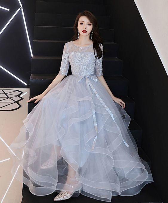 A-Line / Princess Scoop Neck Prom Dress, Bow Lace Flower 1/2 Sleeves Backless Prom Dresses CD4197